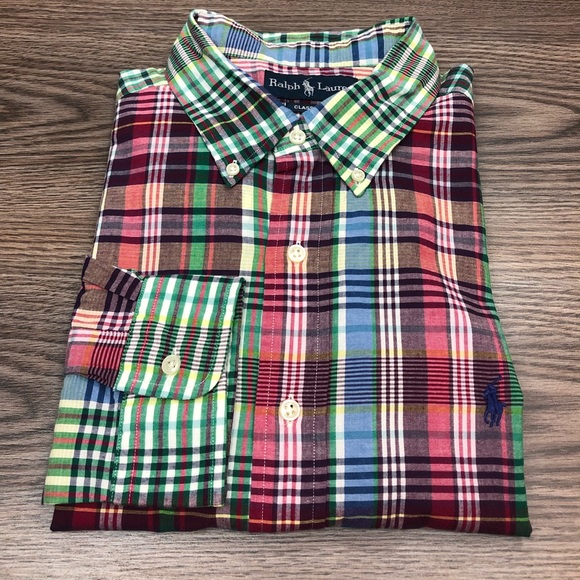Ralph Lauren Mens LS Green Blue White Plaid Classic Fit Stretch Shirt XL NWT